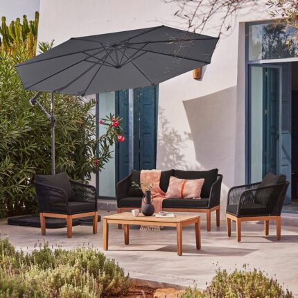 Eaden Rope Garden Conversation Set with Grey Lean Over Parasol - Black