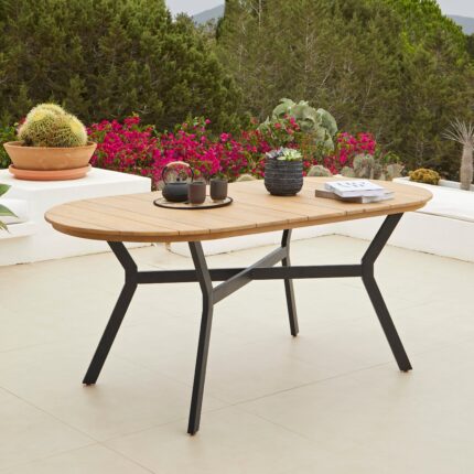 Ezra Oval Wooden Garden Table - White Acacia with Black Metal Legs