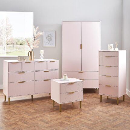 Gloria 4 Piece Bedroom Furniture Set - 4 Over 4 Chest of Drawers - Blush Pink