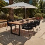 Hali 6 Seater Wooden Outdoor Dining Set with Hali Black Chairs & Cream LED Premium Cantilever Parasol  - 235cm