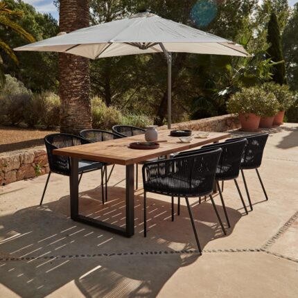 Hali 6 Seater Wooden Outdoor Dining Set with Hali Black Chairs & Cream LED Premium Cantilever Parasol  - 235cm