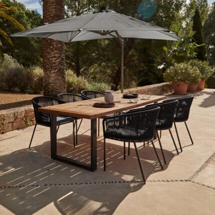 Hali 6 Seater Wooden Outdoor Dining Set with Hali Black Chairs & Grey LED Premium Cantilever Parasol  - 235cm