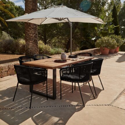 Hali 6 Seater Wooden Outdoor Dining Set with Hali Black Chairs & Cream LED Premium Cantilever Parasol - 175cm