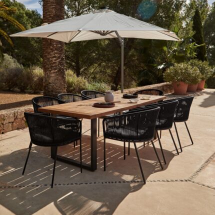 Hali 8 Seater Wooden Outdoor Dining Set with Hali Black Chairs & Cream LED Premium Cantilever Parasol - 235cm