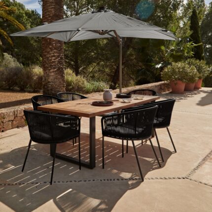 Hali 6 Seater Wooden Outdoor Dining Set with Hali Black Chairs & Grey LED Premium Cantilever Parasol - 175cm