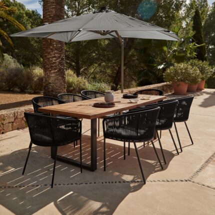 Hali 8 Seater Wooden Outdoor Dining Set with Hali Black Chairs & Grey LED Premium Cantilever Parasol - 235cm
