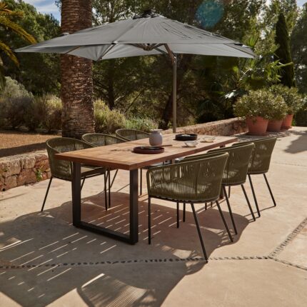 Hali 6 Seater Wooden Outdoor Dining Set with Hali Green Chairs & Grey LED Premium Cantilever Parasol - 235cm