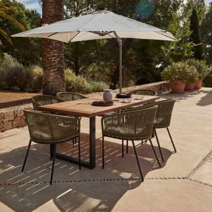 Hali 6 Seater Wooden Garden Dining Set with Hali Green Chairs & Cream LED Premium Parasol - 175cm