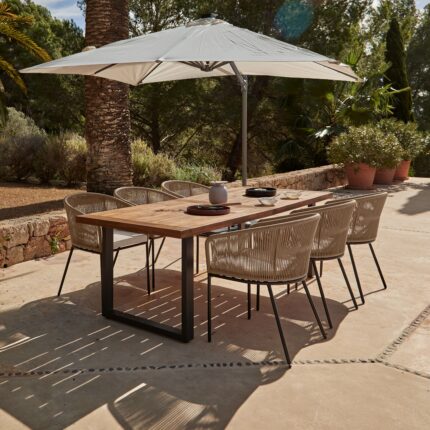 Hali 6 Seater Wooden Outdoor Dining Set with Hali Natural Chairs & Cream LED Premium Cantilever Parasol - 235cm