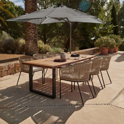 Hali 6 Seater Wooden Outdoor Dining Set with Hali Natural Chairs & Grey LED Premium Cantilever Parasol - 235cm