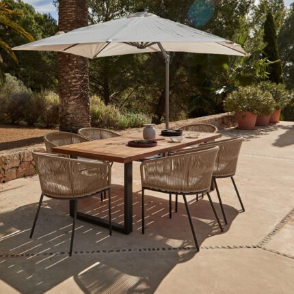 Hali 6 Seater Wooden Outdoor Dining Set with Hali Natural Chairs & Cream LED Premium Cantilever Parasol - 175cm