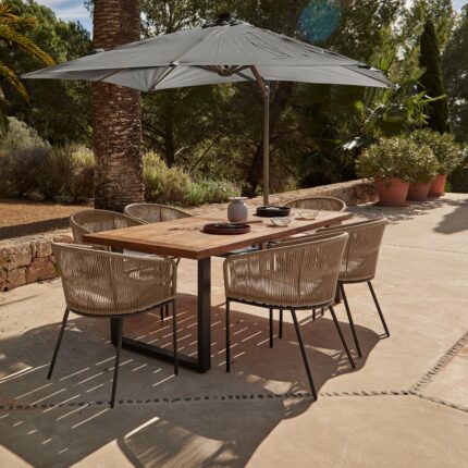 Hali 6 Seater Wooden Outdoor Dining Set with Hali Natural Chairs & Grey LED Premium Cantilever Parasol - 175cm