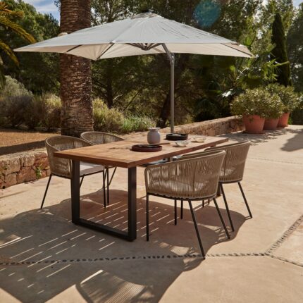 Hali 4 Seater Wooden Outdoor Dining Set with Hali Natural Chairs & Cream Led Premium Cantilever Parasol - 175cm