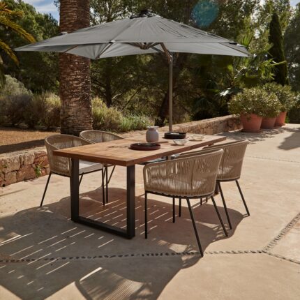 Hali 4 Seater Wooden Outdoor Dining Set with Hali Natural Chairs & Grey LED Premium Cantilever Parasol - 175cm