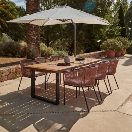 Hali 6 Seater Wooden Outdoor Dining Set with Hali Pink Chairs & Cream LED Premium Cantilever Parasol - 235cm