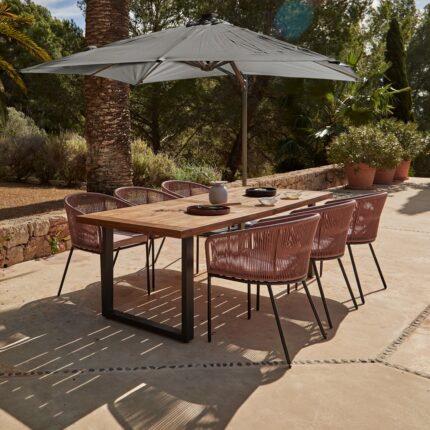 Hali 6 Seater Wooden Outdoor Dining Set with Hali Pink Chairs & Grey LED Premium Cantilever Parasol - 235cm