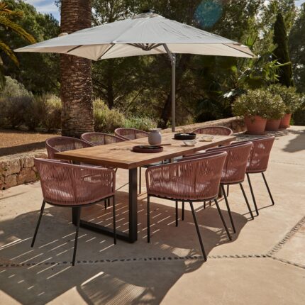 Hali 8 Seater Wooden Outdoor Dining Set with Hali Pink Chairs & Cream LED Premium Cantilever Parasol - 235cm
