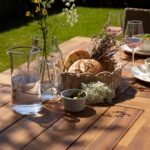 Hali 8 Seater Wooden Outdoor Dining Set with Hali Pink Chairs & Cream LED Premium Cantilever Parasol - 235cm - Image 5