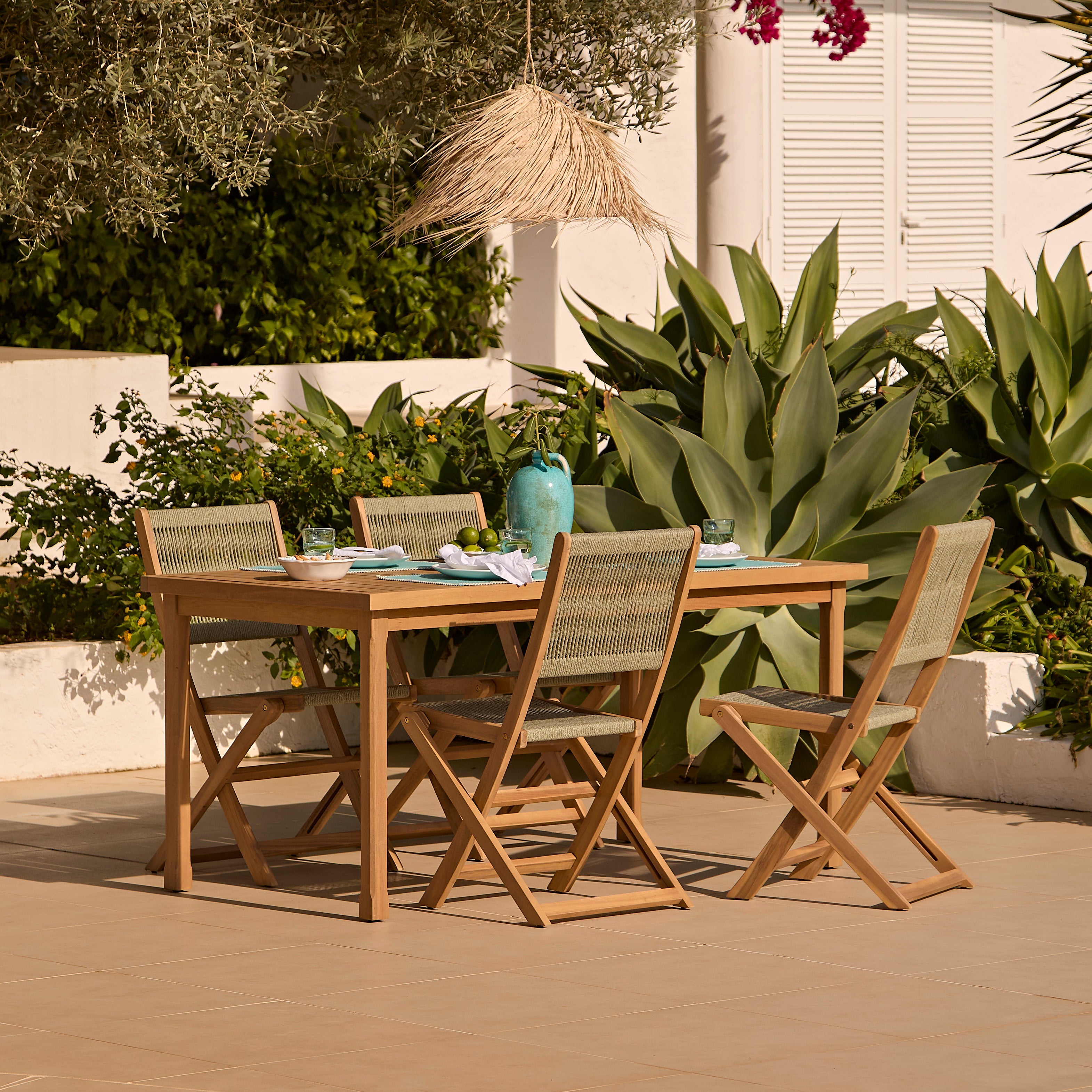 Harlyn 4 Seater Wooden Garden Dining Set with Cove Green Rope Chairs - 160cm - Image 1