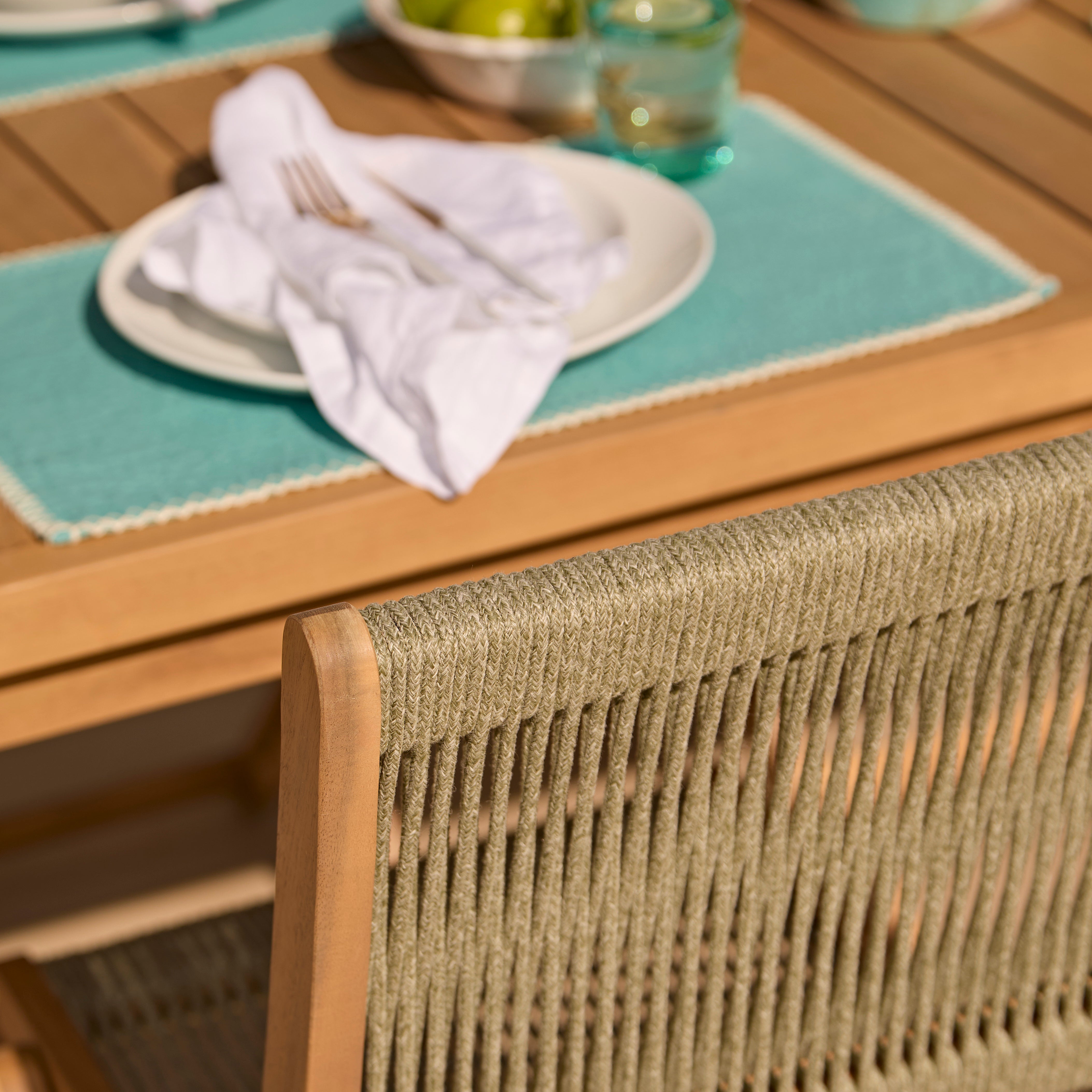 Harlyn 4 Seater Wooden Garden Dining Set with Cove Green Rope Chairs - 160cm - Image 3
