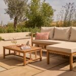 Harrelson 3 Seater Wooden Garden Chaise Corner Set - Natural Acacia and Sand - Image 5