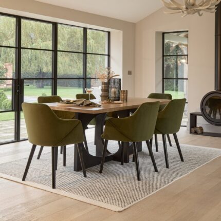 Jade Mango Wood Rectangular Dining Table Set - 6 Seater - Freya Fern Green Armchairs with Black Legs