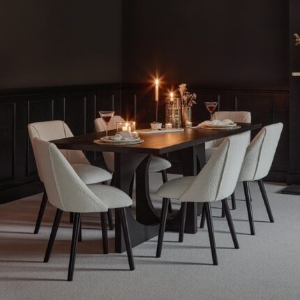 Jade Jet Black Rectangular Acacia Dining Table Set - 6 Seater - Freya Boucle Dining Chairs with Black Legs