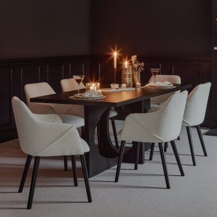 Jade Jet Black Rectangular Acacia Dining Table Set - 6 Seater - Freya Boucle Armchairs with Black Legs