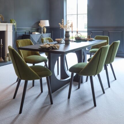 Jade Jet Black Rectangular Acacia Dining Table Set - 6 Seater - Freya Fern Green Dining Chairs with Black Legs