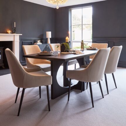 Jade Jet Black Rectangular Acacia Dining Table Set - 6 Seater - Maeve Soft Beige Dining Chairs with Black Legs