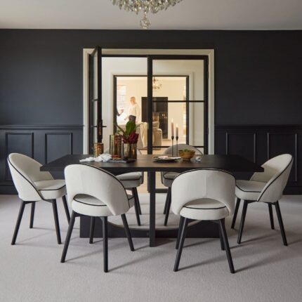 Jade Jet Black Rectangular Acacia Dining Table Set - 6 Seater - Marilyn Ivory with Black Piping Dining Chairs with Black Legs