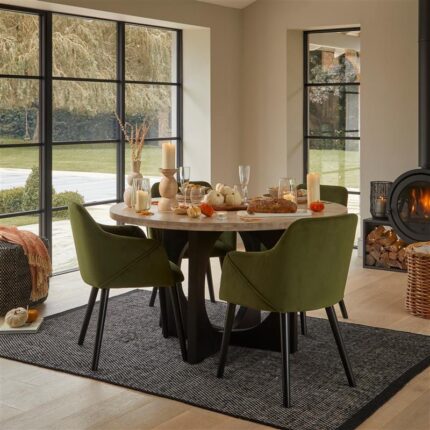 Jade Mango Wood Round Dining Table Set - 4 Seater - Freya Fern Green Armchairs with Black Legs