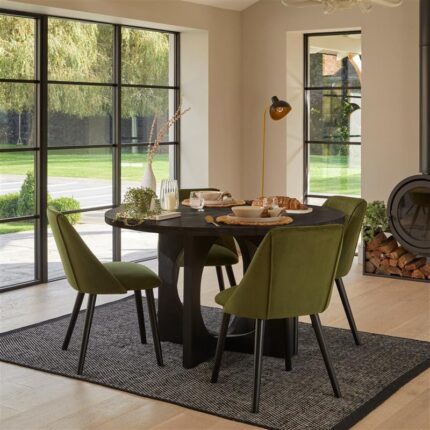 Jade Jet Black Round Acacia Dining Table Set - 4 Seater - Freya Fern Green Dining Chairs - Black Legs