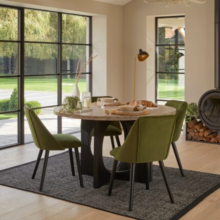 Jade Mango Wood Round Dining Table Set - 4 Seater - Freya Fern Green Dining Chairs with Black Legs