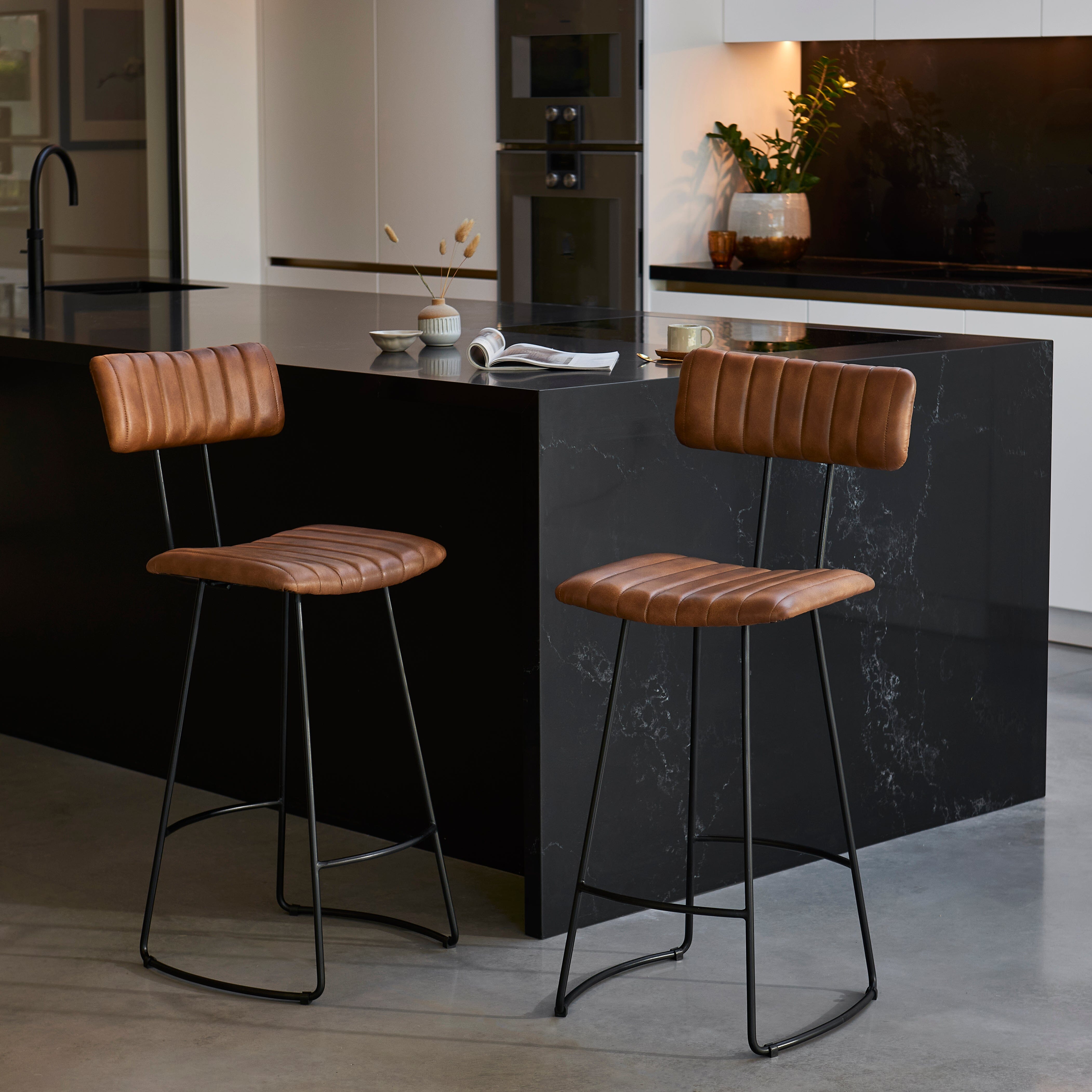 Jayden_Bar_Stool_Mid_Brown_Leather-2 Outlet - Jayden Tan Leather Industrial Bar Stool - Set of 2 - Black Metal Legs - Image 1