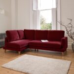 Gillian 3 Seater Large Corner Sofa - Burgundy Red Velvet with Dark Oak Legs