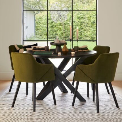 Levi Black Round Dining Table Set - 4 Seater - Freya Fern Green Armchairs with Black Legs