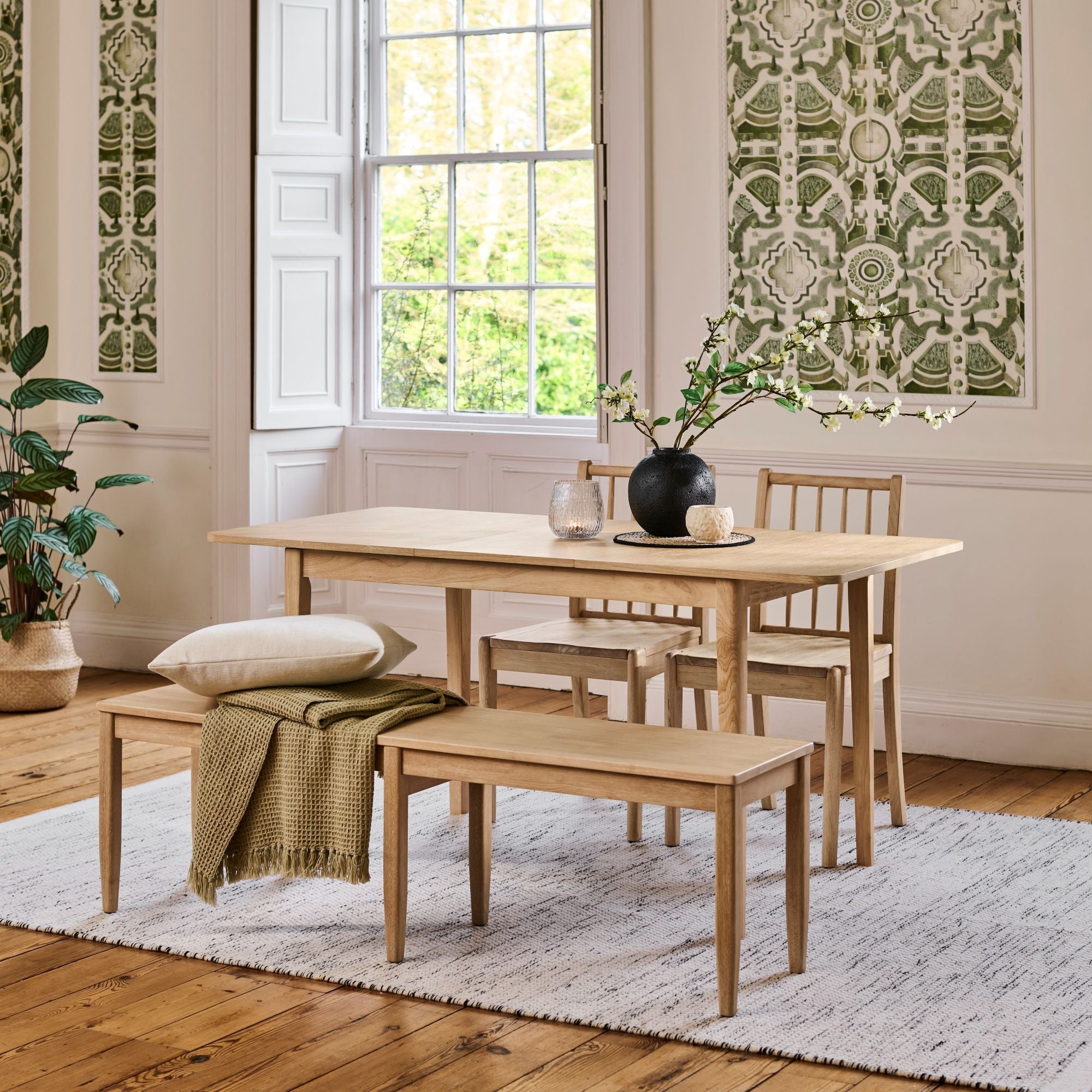 Paul 118-158cm Extending Dining Table & Tilly 150cm Wooden Bench with 2 Tilly 150cm Whitewash Oak Benches - Image 1