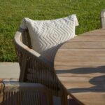 Shiro 6 Seater Wooden Round Dining Set with 6 Nala Sand Cushioned Chairs & Grey LED Premium Cantilever  Parasol - Image 9