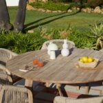 Shiro 6 Seater Wooden Round Dining Set with 6 Nala Sand Cushioned Chairs & Grey LED Premium Cantilever  Parasol - Image 4