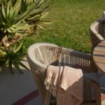 Shiro 6 Seater Wooden Round Dining Set with 6 Nala Sand Cushioned Chairs & Cream LED Premium Cantilever Parasol - Image 9