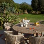 Shiro 6 Seater Wooden Round Dining Set with 6 Nala Sand Cushioned Chairs & Cream LED Premium Cantilever Parasol - Image 5