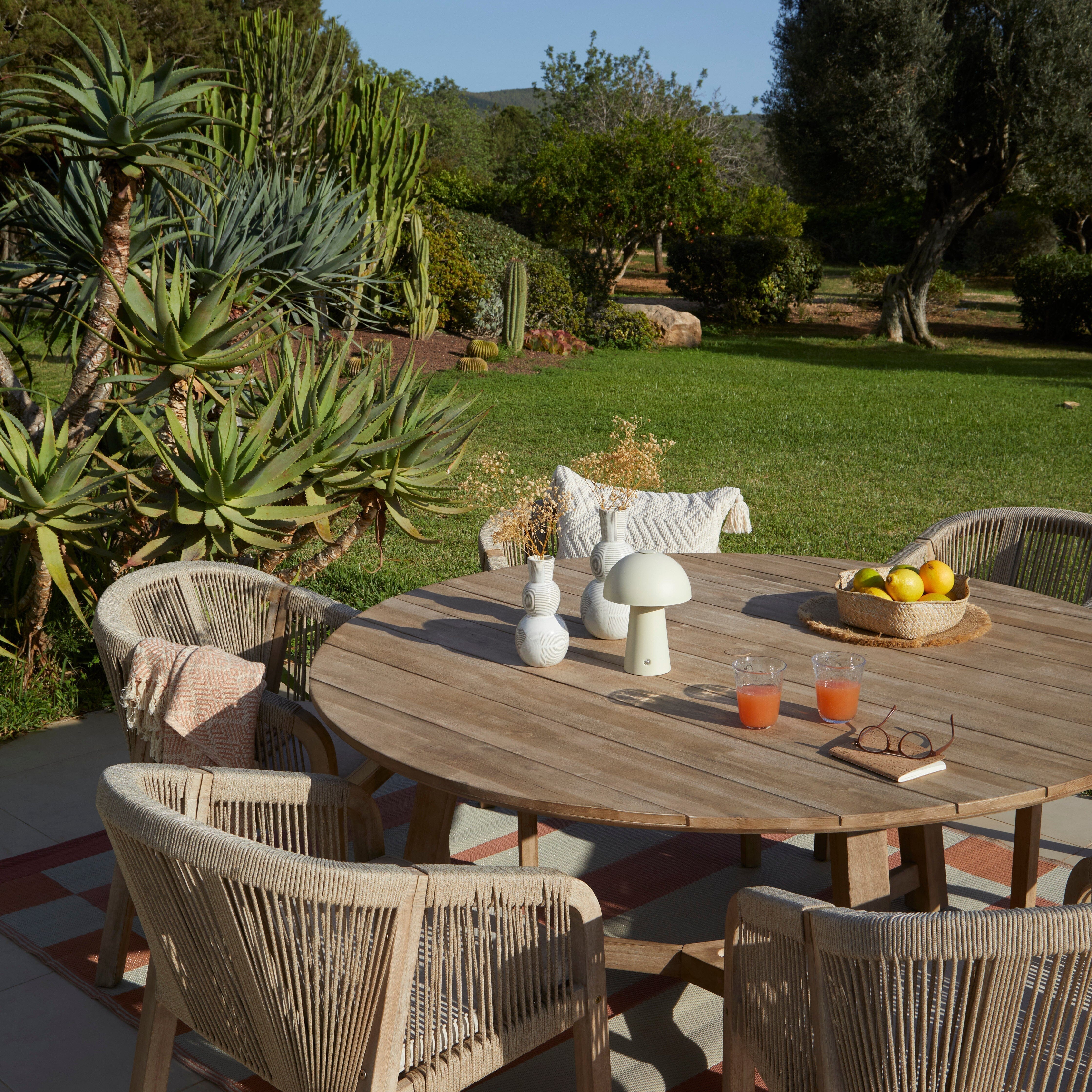 Shiro 6 Seater Wooden Round Dining Set with 6 Nala Sand Cushioned Chairs & Cream LED Premium Cantilever Parasol - Image 5