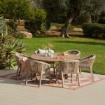 Shiro 6 Seater Wooden Round Dining Set with 6 Nala Sand Cushioned Chairs & Grey LED Premium Cantilever  Parasol - Image 7