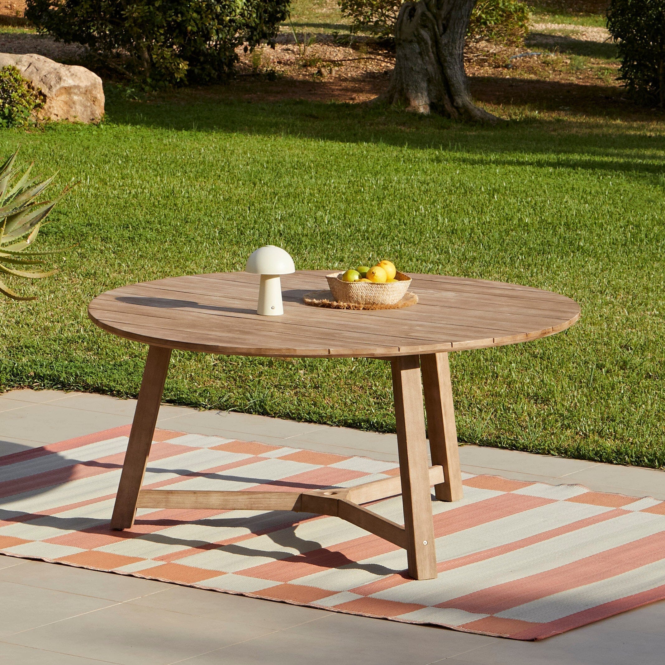 Shiro 6 Seater Wooden Round Dining Set with 6 Nala Sand Cushioned Chairs & Grey LED Premium Cantilever  Parasol - Image 3