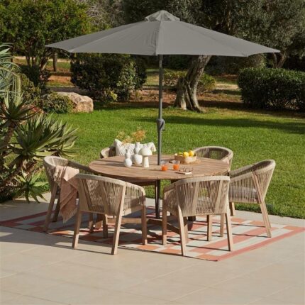 Shiro 6 Seater Wooden Round Dining Set with 6 Nala Sand Cushioned Chairs & Grey LED Premium Cantilever  Parasol