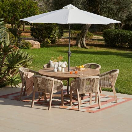Shiro 6 Seater Wooden Round Dining Set with 6 Nala Sand Cushioned Chairs & Cream Lean Over  Parasol