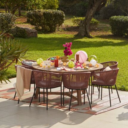 Shiro 8 Seater Wooden Round Dining Table with 8 Hali Pink Rope Chairs