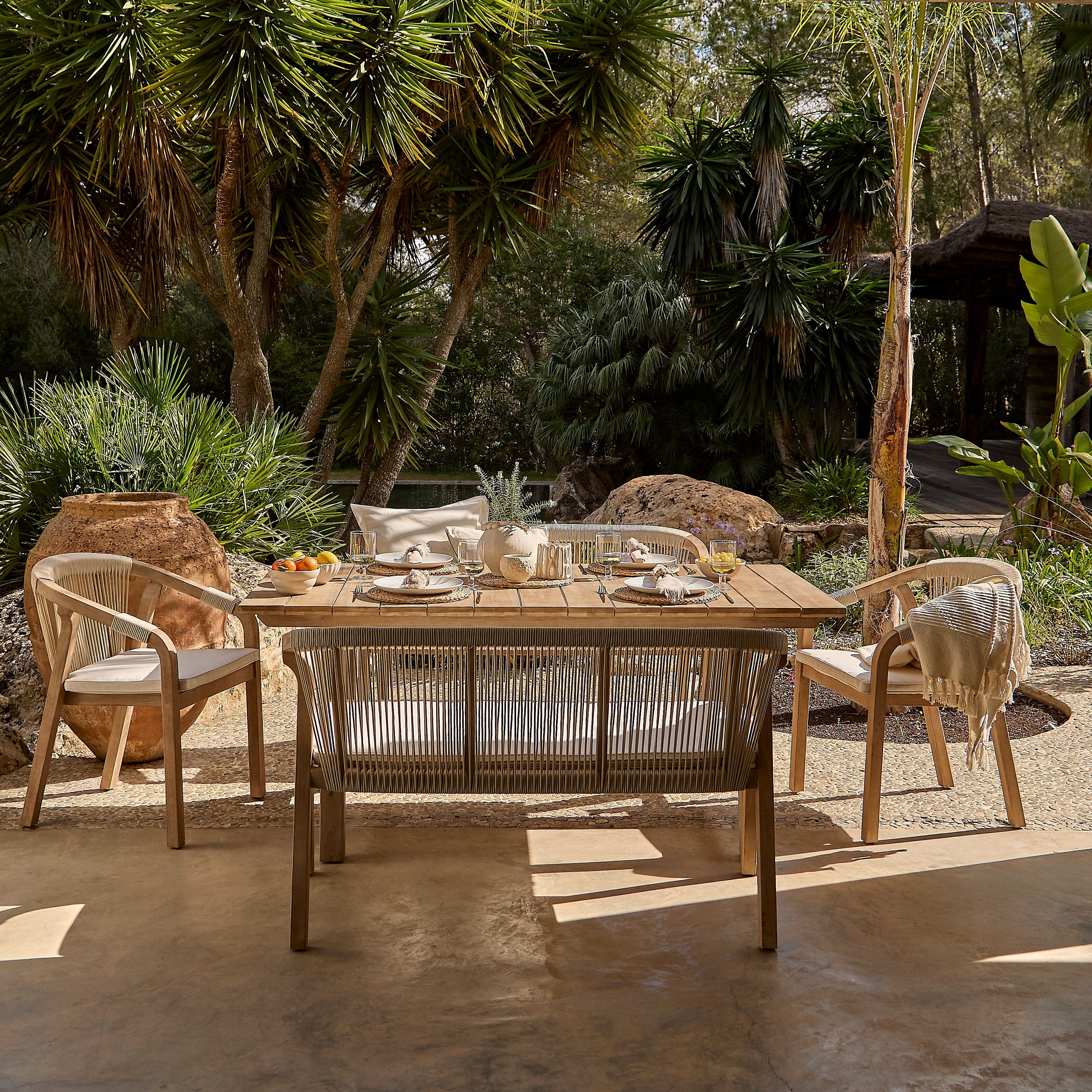 Shiro 6 Seater Wooden Garden Dining Set with 2 Shiro Benches & 2 Shiro Chairs - Beige Rope - Image 6