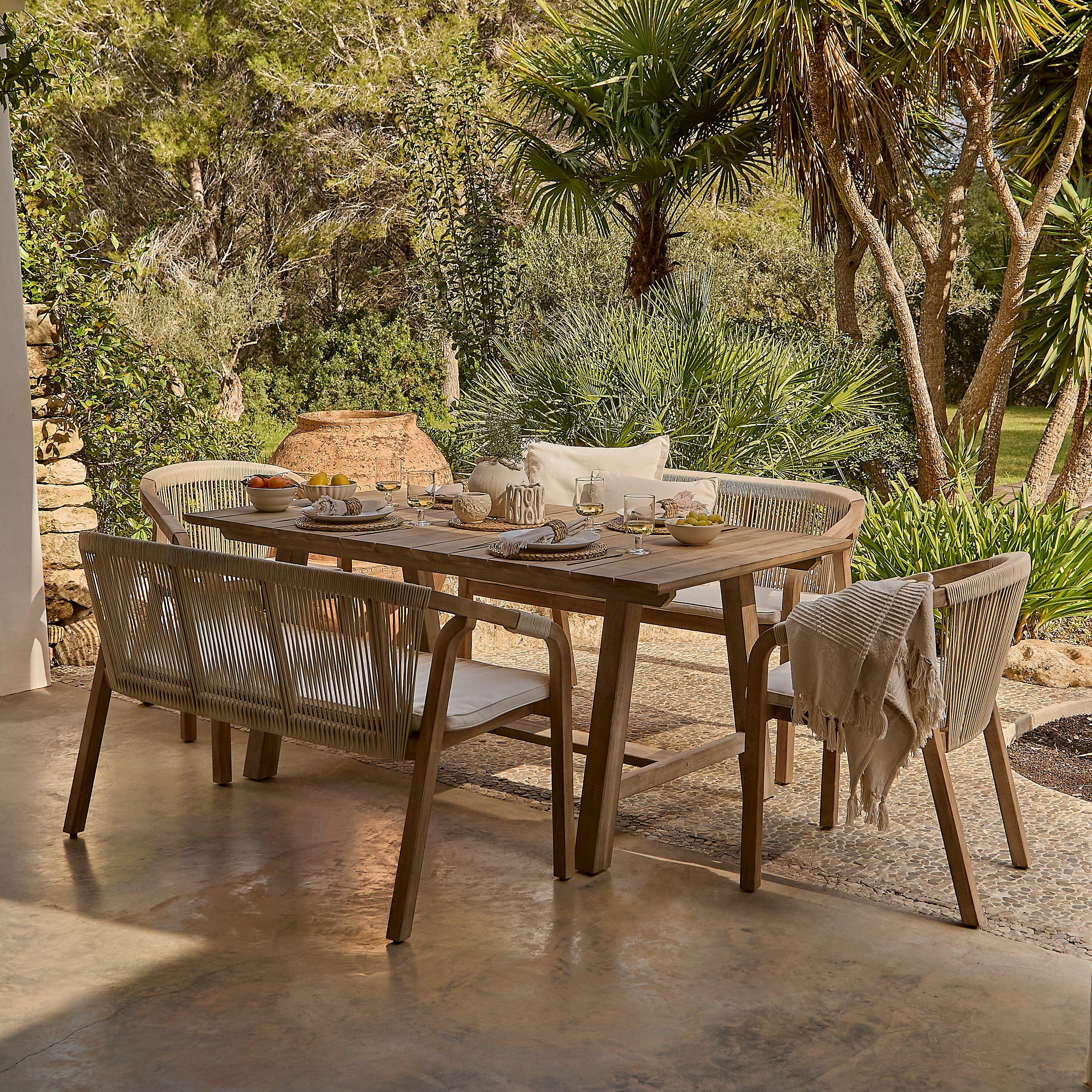 Shiro 6 Seater Wooden Garden Dining Set with 2 Shiro Benches & 2 Shiro Chairs - Beige Rope - Image 1